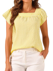Square Neck Short Sleeves Gingham Plaid Blouse