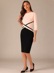 Contrast Color 3/4 Sleeve Bodycon Work Office Pencil Sheath Dress