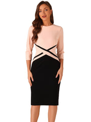 Contrast Color 3/4 Sleeve Bodycon Work Office Pencil Sheath Dress