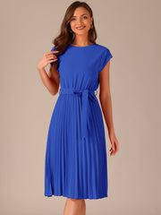 Crew Neck Sleeveless Tie Waist A-Line Pleated Dress