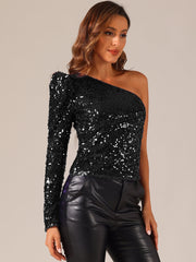Sparkly Sequin One Shoulder Puff Long Sleeve Shimmer Tops