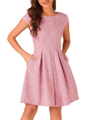 Plaid Tweed Round Neck Cap Sleeve A-Line Vintage Pleated Dress