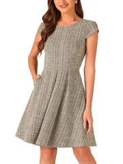 Plaid Tweed Round Neck Cap Sleeve A-Line Vintage Pleated Dress
