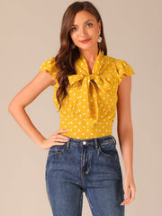 Summer Polka Dots Top Bow Tie V Neck Ruffled Cap Sleeve Office Blouse