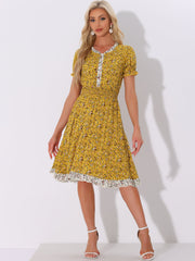 Floral Ruffle Neck Smocked Waist Short Sleeve Midi Dress