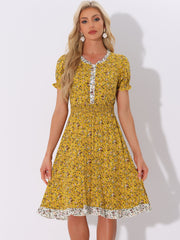 Floral Ruffle Neck Smocked Waist Short Sleeve Midi Dress