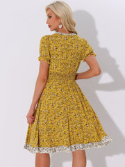 Floral Ruffle Neck Smocked Waist Short Sleeve Midi Dress