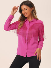 Glitter Fringe Long Sleeve Button Down Disco Party Cowgirl Blouse