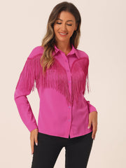 Glitter Fringe Long Sleeve Button Down Disco Party Cowgirl Blouse