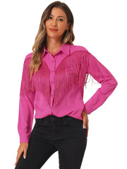 Glitter Fringe Long Sleeve Button Down Disco Party Cowgirl Blouse