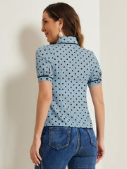 Polka Dot Peter Pan Collar Bow Tie Neck Puff Sleeve Vintage Shirt
