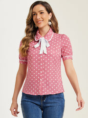 Polka Dot Peter Pan Collar Bow Tie Neck Puff Sleeve Vintage Shirt