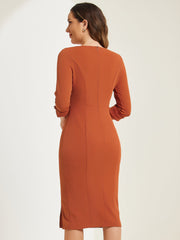 Work Boat Neck 3/4 Sleeves Midi Split Sheath Dress