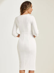 Elegant Boat Neck 3/4 Sleeves Work Midi Split Sheath Dress