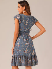 Floral Chiffon Flutter Sleeve Belted Square Neck Ruffled Hem Dress