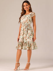 Floral Chiffon Flutter Sleeve Belted Square Neck Ruffled Hem Dress