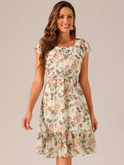 Floral Chiffon Flutter Sleeve Belted Square Neck Ruffled Hem Dress