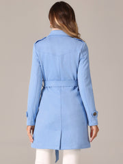 Notched Lapel Double Breasted Faux Suede Trench Coat Jacket with Belt