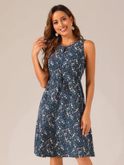 Floral Drawstring Waist Sleeveless A-Line Midi Dress Sundress