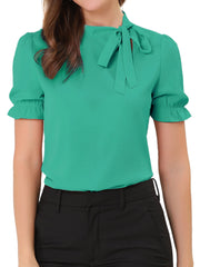 Bow Tie Neck Tops Elegant Office Short Sleeve Blouse
