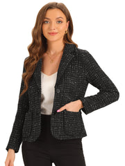 Plaid Tweed Notched Lapel Button Long Sleeve Blazer Jackets