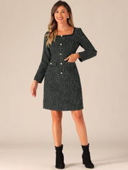 Tweed Square Neck Long Sleeve Pockets Plaid Mini Dress