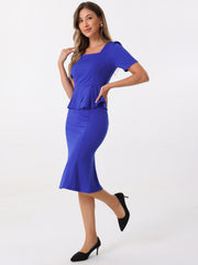 2PCS Square Neck Peplum Blouse Fishtail Bodycon Skirt Business Set