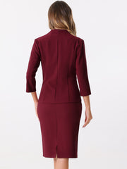2 Pieces Collarless 3/4 Sleeves Blazer and Pencil Skirt Office Work Business Suit Set