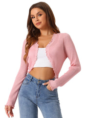 Women's Crop Shrug Ruffle Trim Long Sleeve Knit Elegant Open Front Casual Bolero Cardigan Shrugs