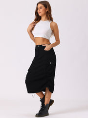 Midi Skirt Flap Pocket Back Slit Drawstring Cargo Skirt