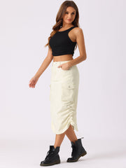 Midi Skirt Flap Pocket Back Slit Drawstring Cargo Skirt