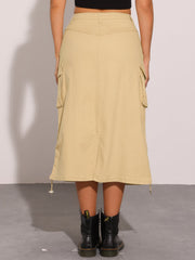 Midi Skirt Flap Pocket Back Slit Drawstring Cargo Skirt