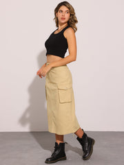 Midi Skirt Flap Pocket Back Slit Drawstring Cargo Skirt