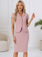 2 Piece Short Sleeve Notched Lapel Blazer & Pencil Midi Skirt Suit Set