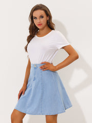 High Waisted A-Line Flared Casual Denim Midi Jean Skirt