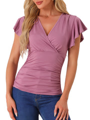 Faux Wrap Blouse Summer V Neck Ruffle Sleeve Casual Top Blouse