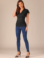 Faux Wrap Blouse Summer V Neck Ruffle Sleeve Casual Top Blouse
