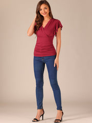Faux Wrap Blouse Summer V Neck Ruffle Sleeve Casual Top Blouse