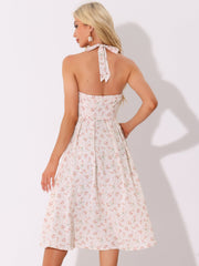 Halter Neck Floral Summer Sundress Sleeveless Lace Up Midi Dress