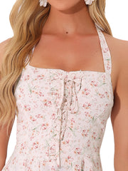 Halter Neck Floral Summer Sundress Sleeveless Lace Up Midi Dress
