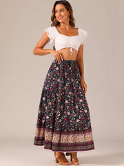 Boho Casual Bohemian Floral Printed Elastic Waist Maxi Skirt