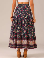 Boho Casual Bohemian Floral Printed Elastic Waist Maxi Skirt