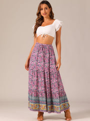 Boho Casual Bohemian Floral Printed Elastic Waist Maxi Skirt