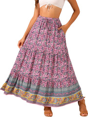 Boho Casual Bohemian Floral Printed Elastic Waist Maxi Skirt