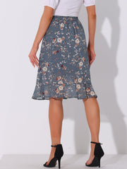 Floral Ruffle Elastic High Waist Button Flowy Split Midi Skirt