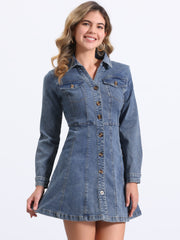 Button Down Collar V Neck Long Sleeve A-line Jean Denim Dress