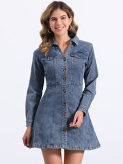 Button Down Collar V Neck Long Sleeve A-line Jean Denim Dress