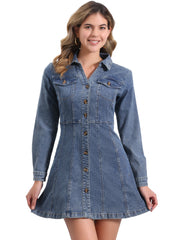 Button Down Collar V Neck Long Sleeve A-line Jean Denim Dress