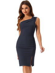 One Shoulder Sleeveless Slit Hem Cocktail Sheath Dress