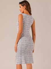 Tweed Sleeveless Elegant Plaid Midi Fishtail Dress